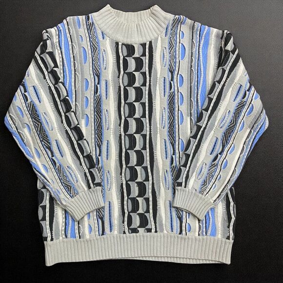 Crosstown Sportswear Vintage 3D Knit Coogi Style Grey Blue Sweater Men's Size L - Picture 1 of 9